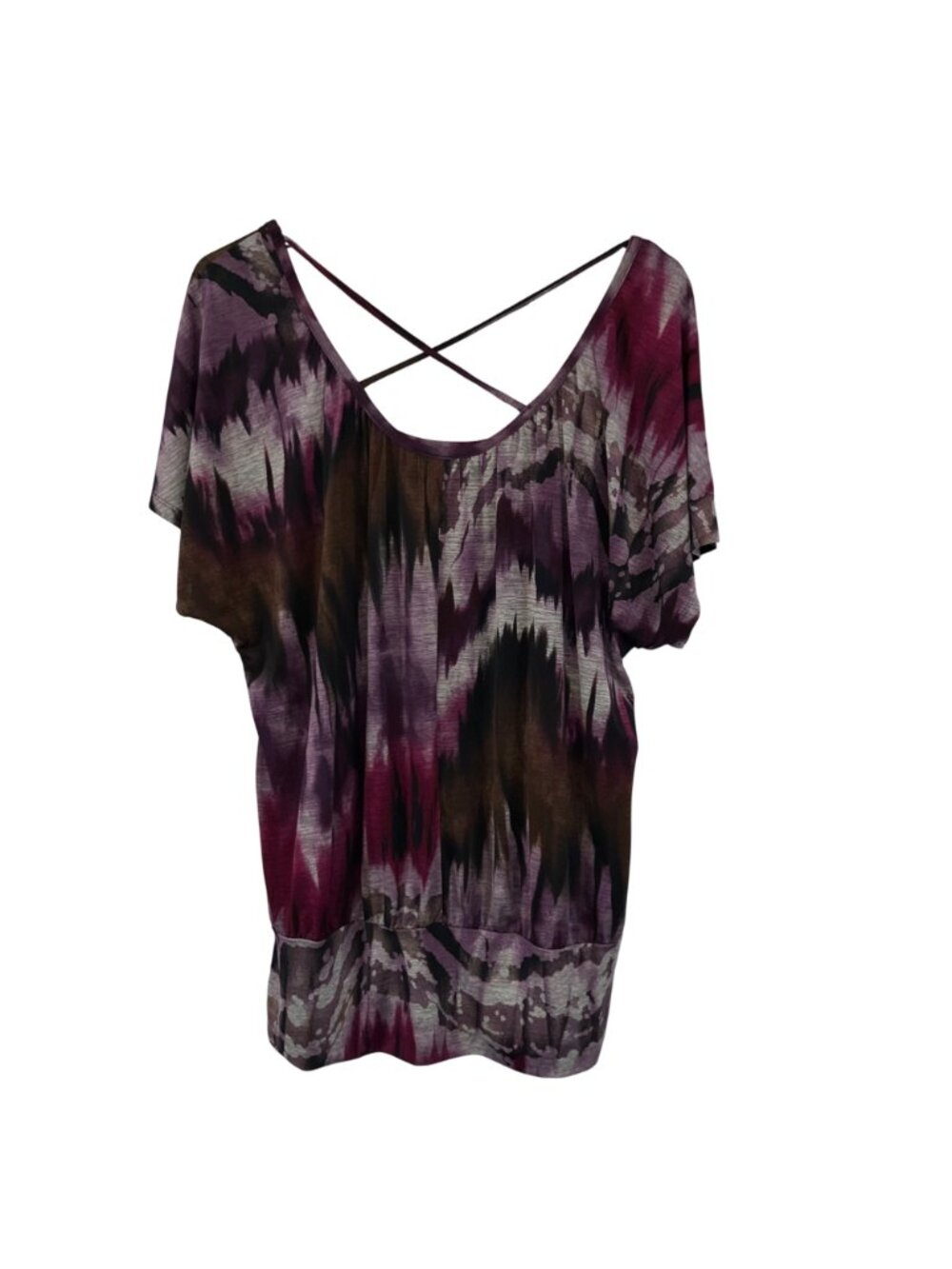 AB Studio Blouse Womens M Purple Black Stretch Criss Cross Back Used - Picture 3 of 10